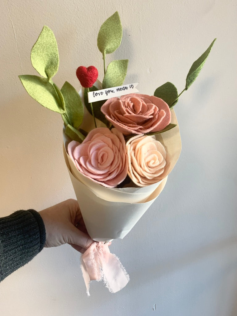 Valentine's Day Blush Rose Felt Flower Bouquet